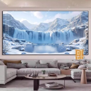 雪山瀑布聚宝盆招财流水画晶瓷框画玄关客厅背景墙山水风水装饰画