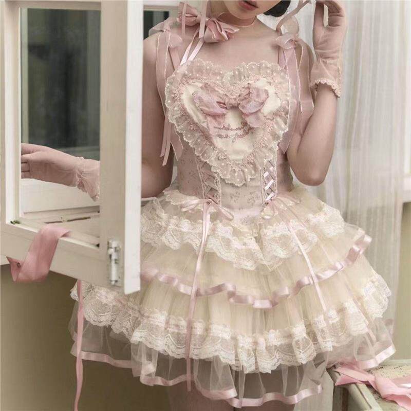 丝缎芭蕾狗短洛丽塔吊带连衣裙