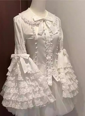 蕾丝doll感lolita姬袖Lolita衬衫内搭洛丽塔蝴蝶结修身黑白色外搭