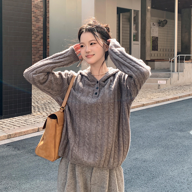 张小醒DRESS STUDIO韩系休闲慵懒风宽松针织衫女三扣连帽麻花毛衣