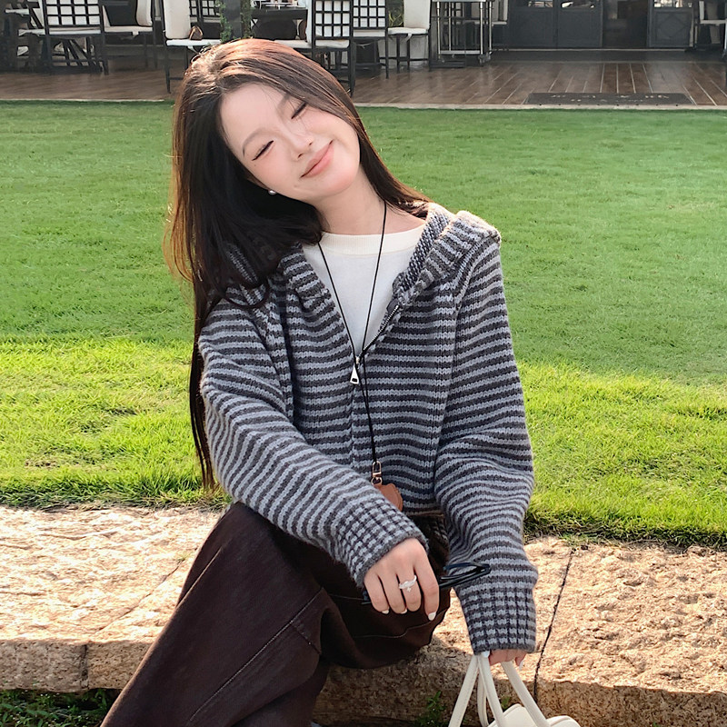 张小醒DRESS STUDIO 复古慵懒风针织帽衫女减龄连帽条纹毛衣外套,女装/女士精品,毛针织衫,淘宝优惠券,粉丝福利购,淘宝优惠卷