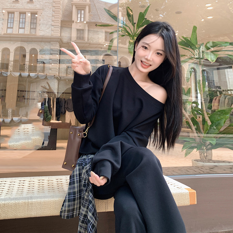 张小醒DRESS STUDIO 套装女宽松斜肩卫衣拼接格子微喇裤子两件套,女装/女士精品,时尚套装,淘宝优惠券,粉丝福利购,淘宝优惠卷