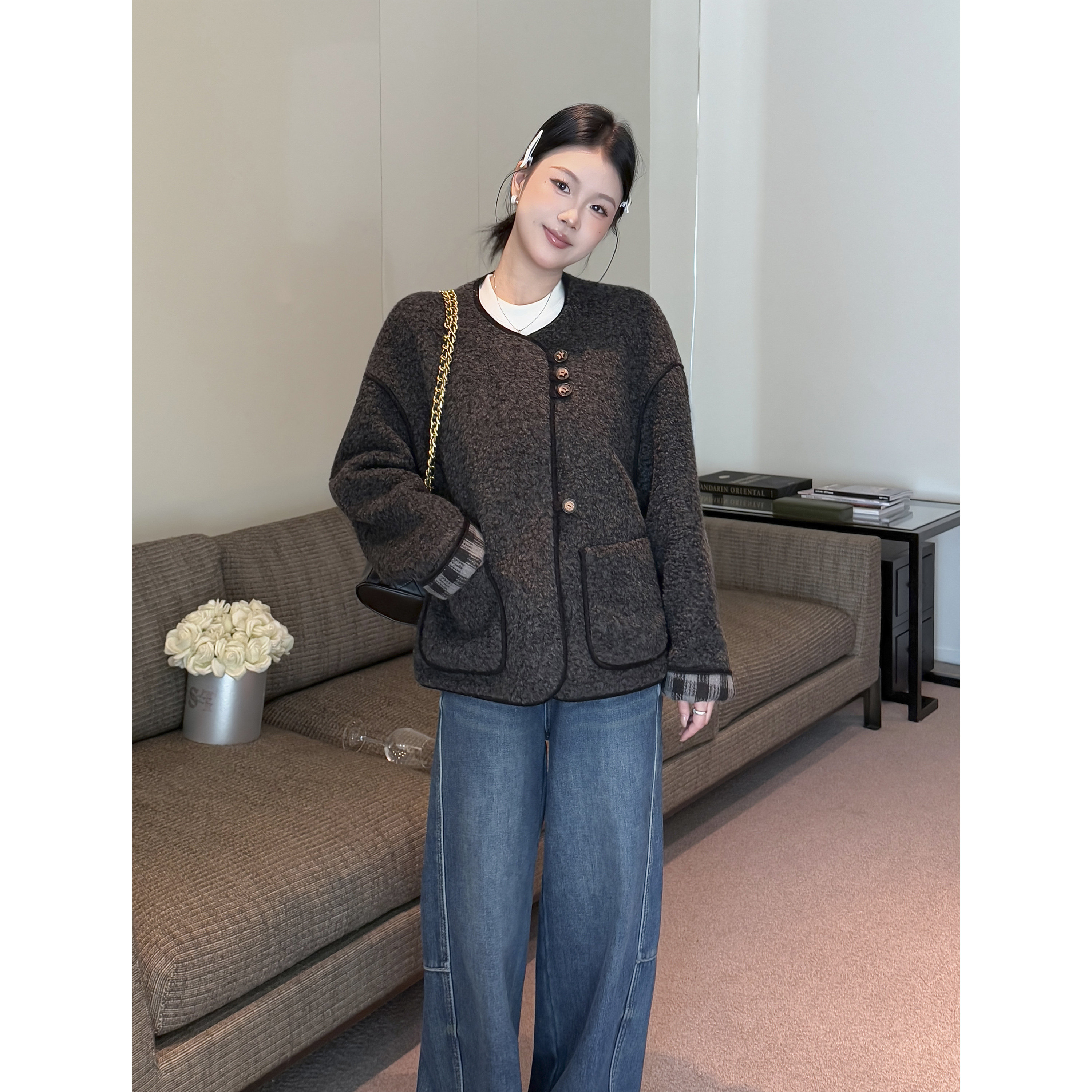 张小醒DRESS STUDIO 小香风两面穿短外套女秋冬韩版加厚毛绒上衣,女装/女士精品,短外套,淘宝优惠券,粉丝福利购,淘宝优惠卷