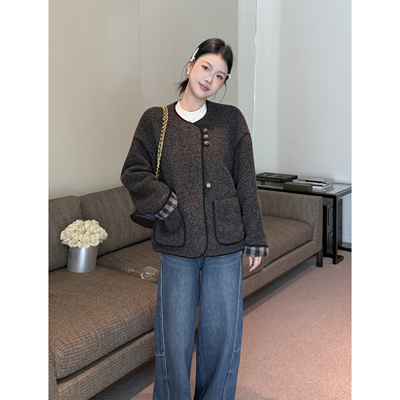 小香风两面穿加厚毛绒短外套女