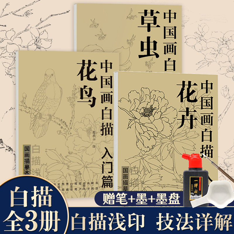 赠绘画工具】中国画白描入门篇全3册花卉+花鸟+草虫 国画临摹画册正版 吴樵六著零基础国画临摹本画谱底稿工笔画 花鸟入门描摹速写