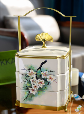 中国风陶瓷食盒古风海棠花三层提篮摆件原创点心收纳盒子软装饰品