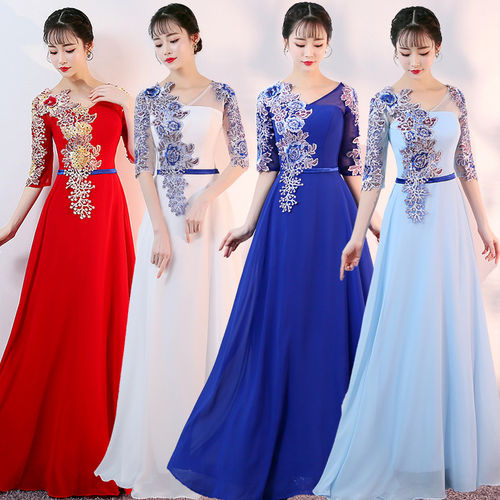 白色演出服装女长裙大合唱团长款优雅中袖显瘦朗诵晚礼服高端大气