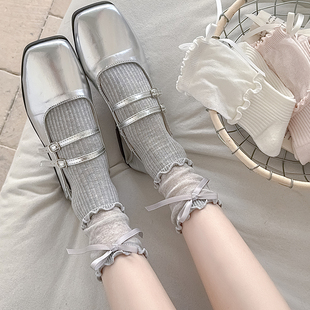 芭蕾风miu系蝴蝶结袜子女夏季 白灰韩系花边堆堆袜日系jk中筒 薄款