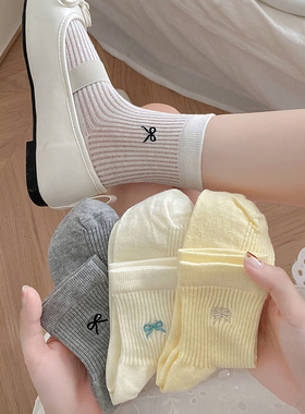 灰色蝴蝶结袜子女短袜网眼透气夏季薄款中筒袜芭蕾风韩系短筒袜