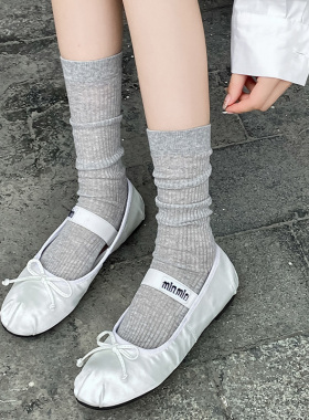 miu风灰色堆堆袜子女夏季薄款中筒袜条纹芭蕾风jk白色小腿袜夏天