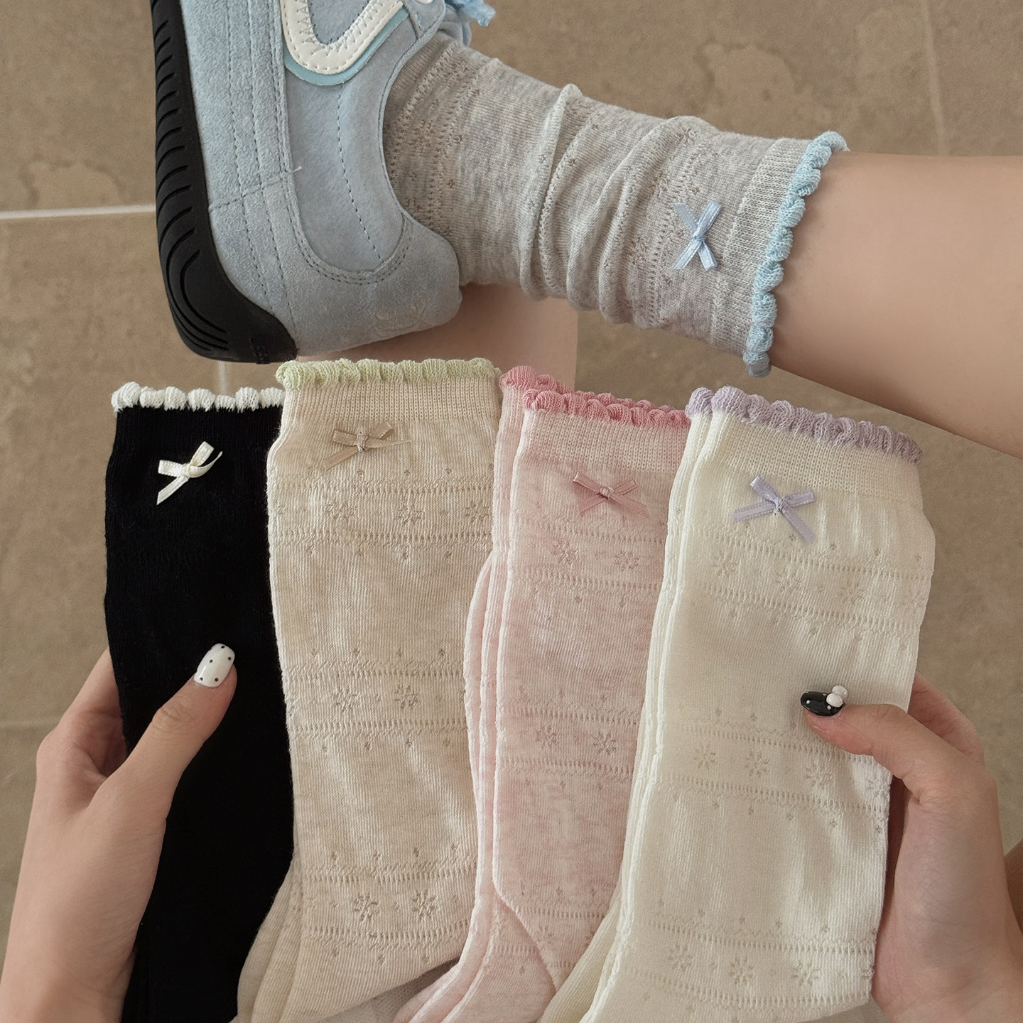 花边蝴蝶结袜子女中筒袜春夏薄款镂空花纹堆堆袜夏季新款日系长袜