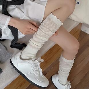 白色长筒袜子女春夏薄款 纯色木耳花边堆堆袜日系jk甜美及膝小腿袜