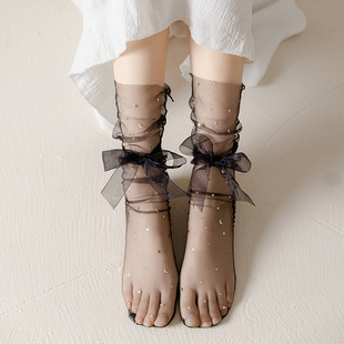 星星月亮网纱堆堆袜女系带蝴蝶结夏季 蕾丝袜子女中筒袜网袜 超薄款