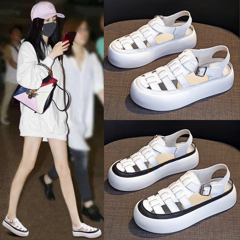 2021新款夏季真皮包头休闲运动镂空女鞋