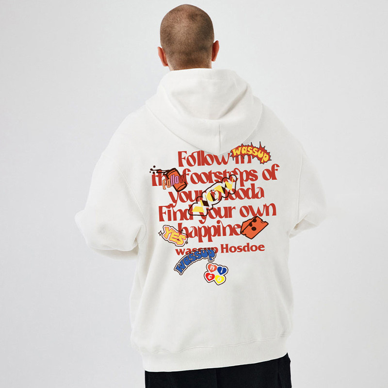 WASSUP潮牌重磅纯棉宽松卫衣男女秋冬美式高街涂鸦套头情侣连帽衫