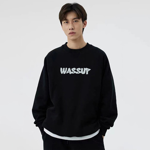 WASSUP潮牌重磅纯棉宽松卫衣男女秋冬美式无帽情侣装套头圆领上衣