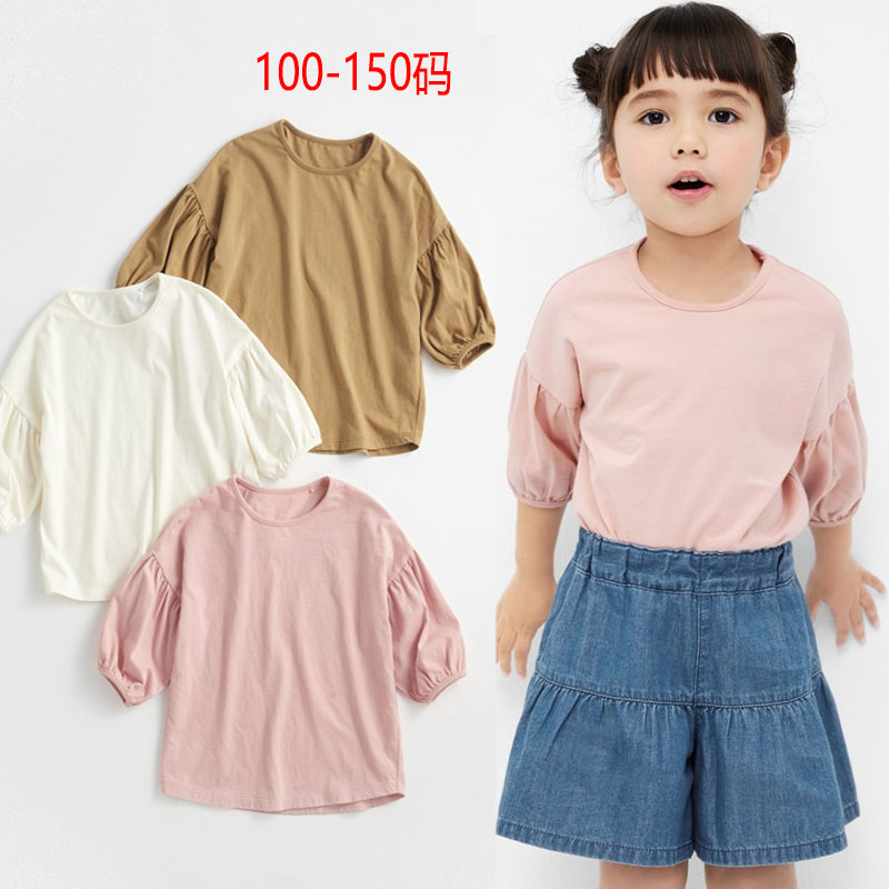 日系圆领灯笼袖女童T恤七分袖