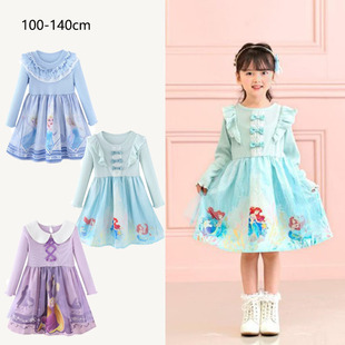 出口日本新款 裙子儿童冰雪艾莎卡通连衣裙 秋冬纯棉公主裙女童长袖
