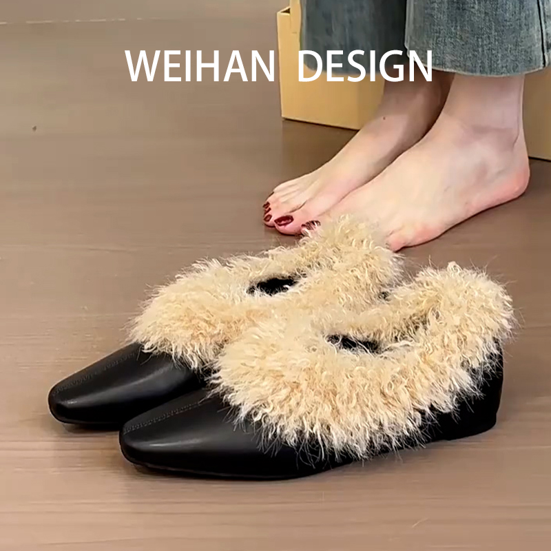 复古小方头内增高毛毛鞋女