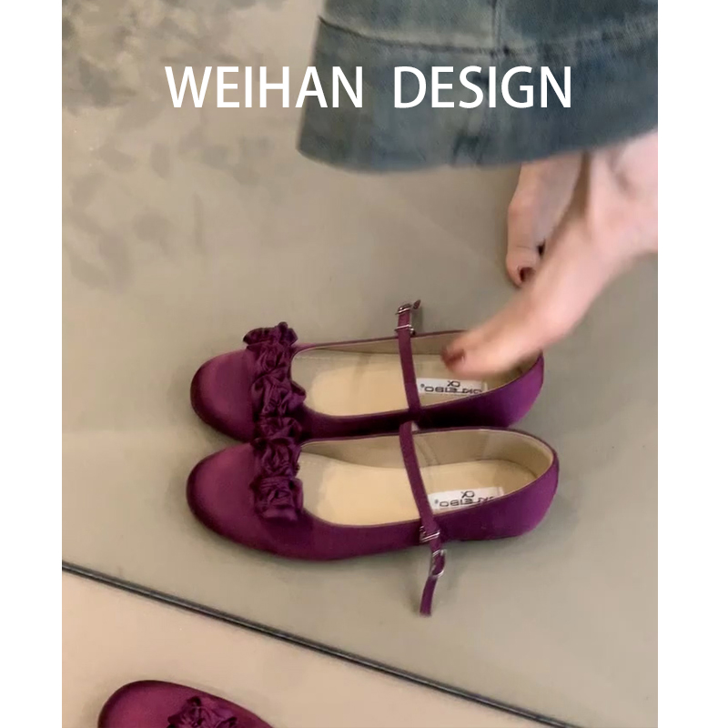 缎面玛丽珍鞋花朵软底一字带单鞋