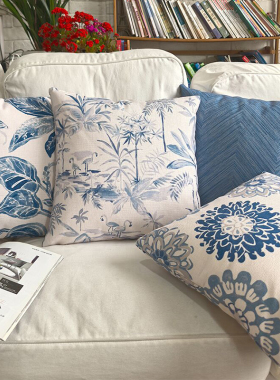 美式蓝色图案棉麻双面抱枕套沙发装饰靠垫床头大靠背腰枕定制尺寸