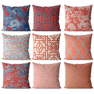 复古中式风格红色图案棉麻双面抱枕沙发靠垫套床头大靠背装饰腰枕