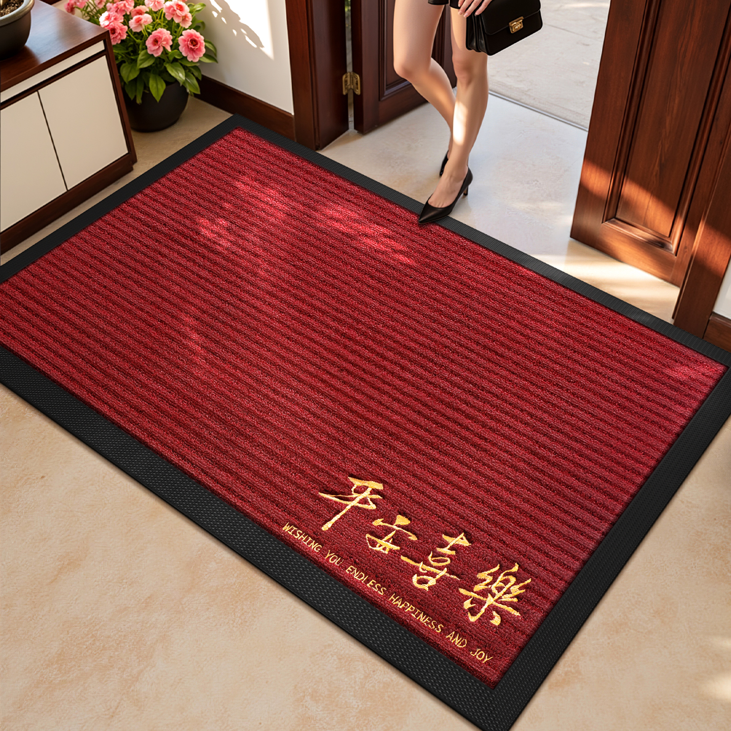 红色精工刺绣入户门口地垫