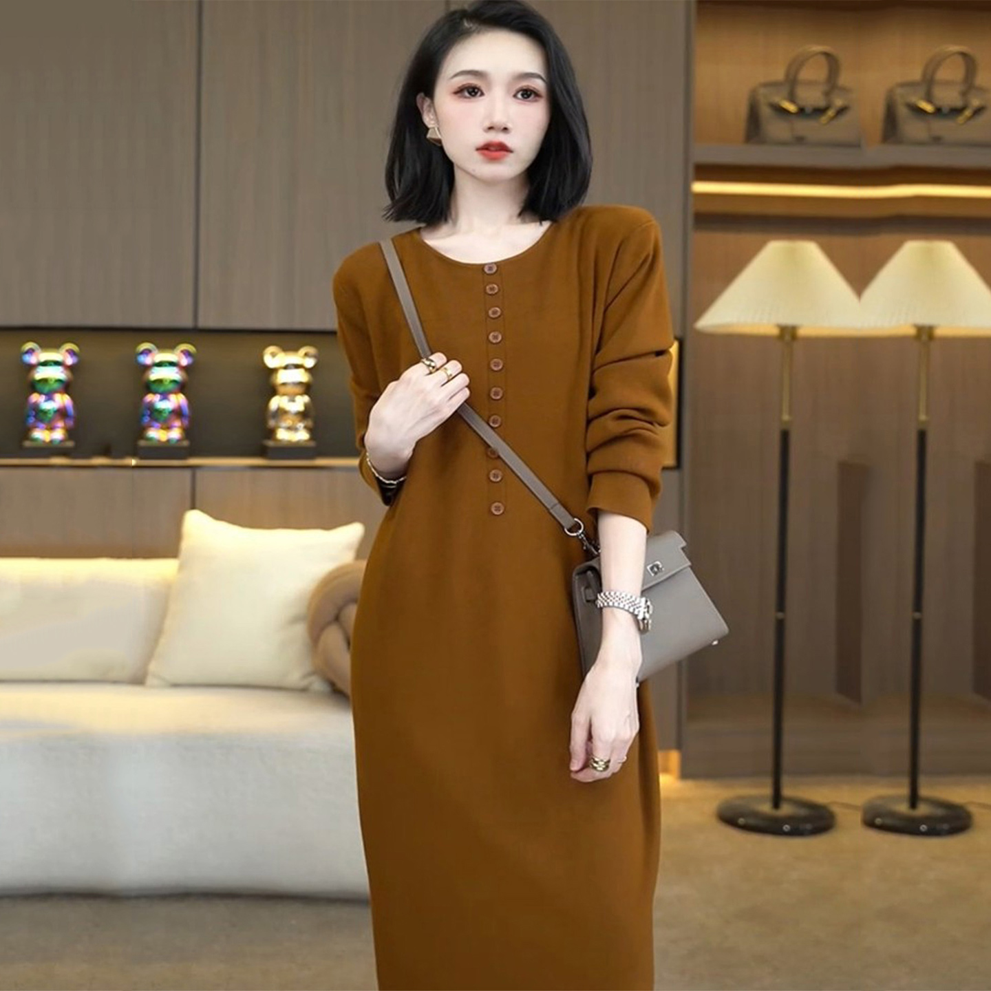 配大衣针织衫连衣裙女秋冬宽松圆领纯色内搭过膝毛衣中长款打底裙