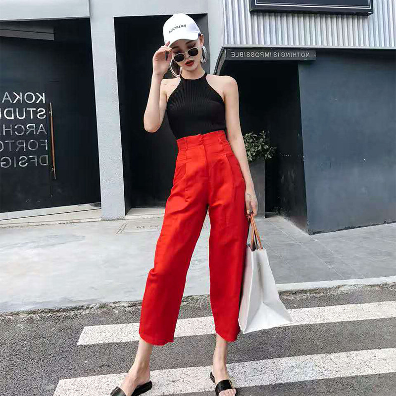 休闲裤2025新款女高腰气质哈伦裤红色棉麻显瘦端庄大气显韩版宽松