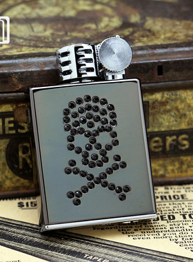 日本进口Marvelous玛乐思煤油打火机纯铜镀黑钛镶嵌水晶骷髅个性