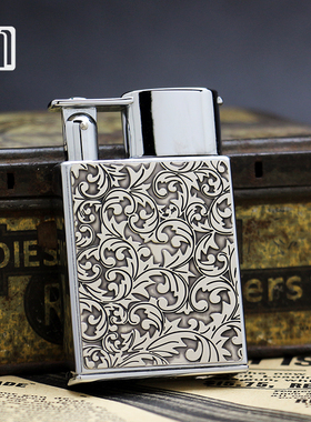 日本进口Marvelous玛乐思纯铜煤油打火机银色拉丝熏银唐草贴章