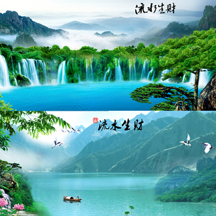 鱼缸背景贴纸山水画高清图水族箱流水生财3D立体画个性壁纸自粘