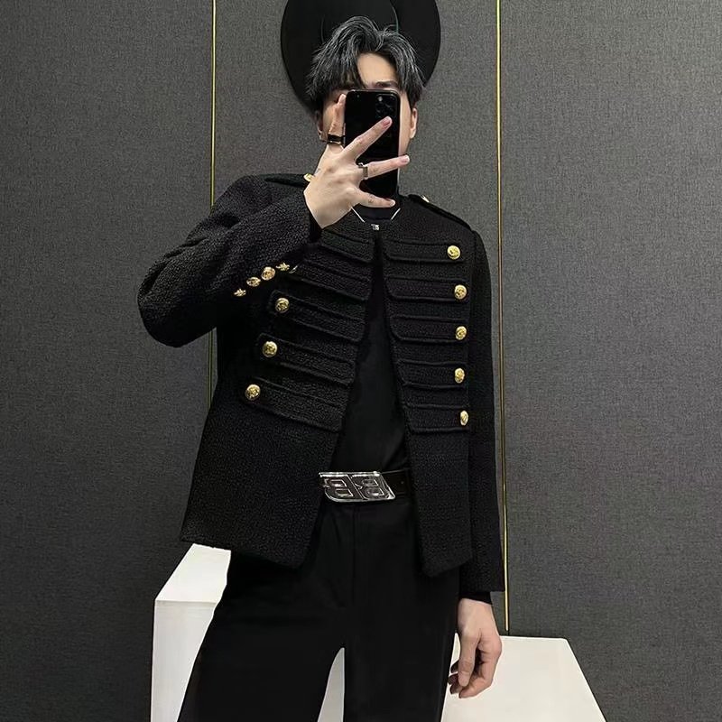 高级感小香风黑色外套男生2024春季新款宫廷风男士短款夹克上衣潮