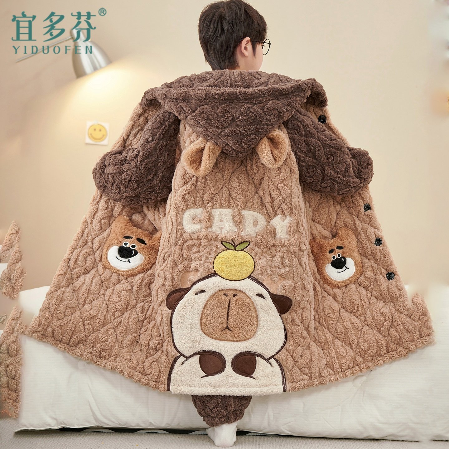 三层夹棉儿童睡衣冬季珊瑚绒男童睡袍男孩加厚款长款法兰绒家居服