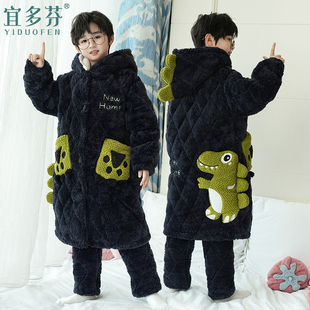 恐龙三层夹棉儿童睡袍男孩男童珊瑚绒睡衣冬季加厚加绒珊瑚绒睡袍