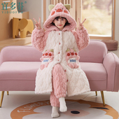 秋冬款 2025新款 儿童睡衣冬季 女童三层夹棉睡袍套装 加绒加厚款 睡袄
