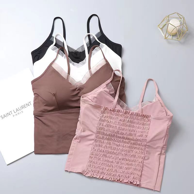 小云肌内衣蕾丝冰丝木耳边褶皱美背吊带乳胶可拆卸胸垫抹胸v领网