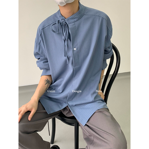 Untit条纹系带立领长袖衬衫