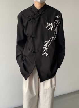 小众新中式盘扣立领衬衫男女长袖翠竹绣花设计复古国风衬衣