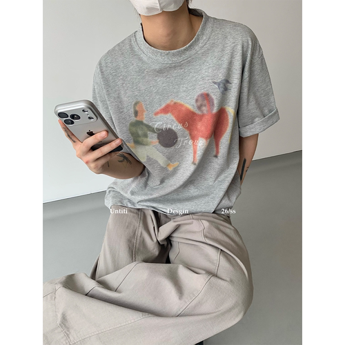 Untit小众小马印花纯棉重磅T恤