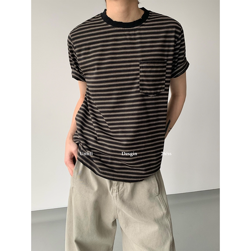 Untit复古撞色条纹短袖T恤男