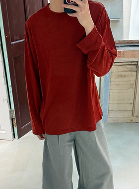MONO 极简风慵懒长袖T恤男女老钱亚麻圆领宽松百搭打底衫内搭上衣