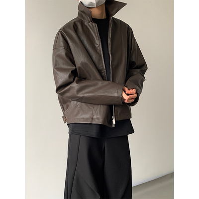 复古短款PU皮皮衣翻领极简宽松