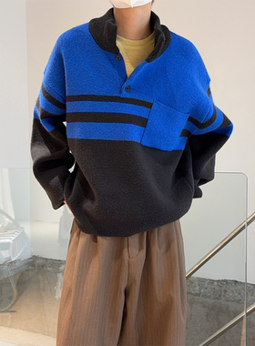 MONO 美式复古立领拼色针织毛衣男女慵懒宽松保暖撞色针织衫潮流