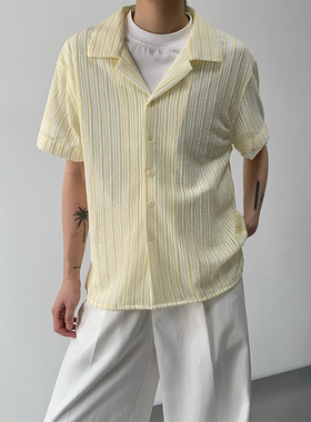 MONO老钱风古巴领衬衫复古肌理条纹夏季薄款轻盈慵懒镂空开衫上衣