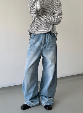 ADCE 简约复古折痕做旧水洗牛仔裤男女韩版宽松直筒阔腿拖地长裤