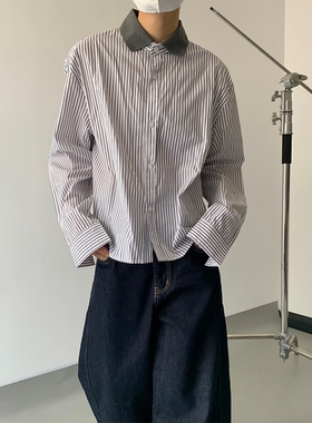 ADCE 复古撞色翻领设计感条纹衬衫小众短款螺纹领拼接松弛感衬衣