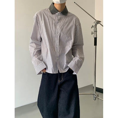 韩版设计感撞色条纹衬衣