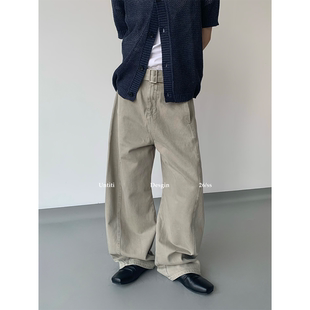 原创石灰色水洗飘带弯刀裤宽松挺阔全棉软弹亲肤复古牛仔裤 LEM风