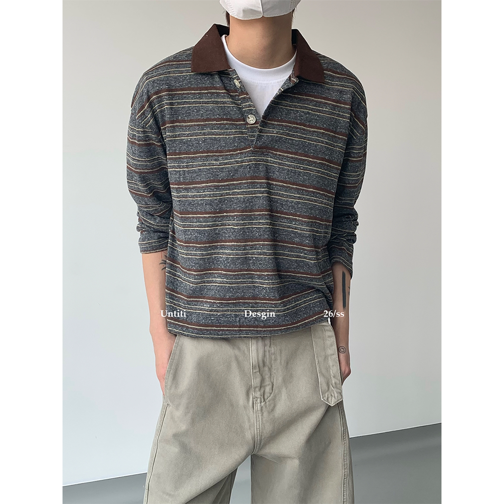 撞色条纹翻领长袖宽松POLO衫男